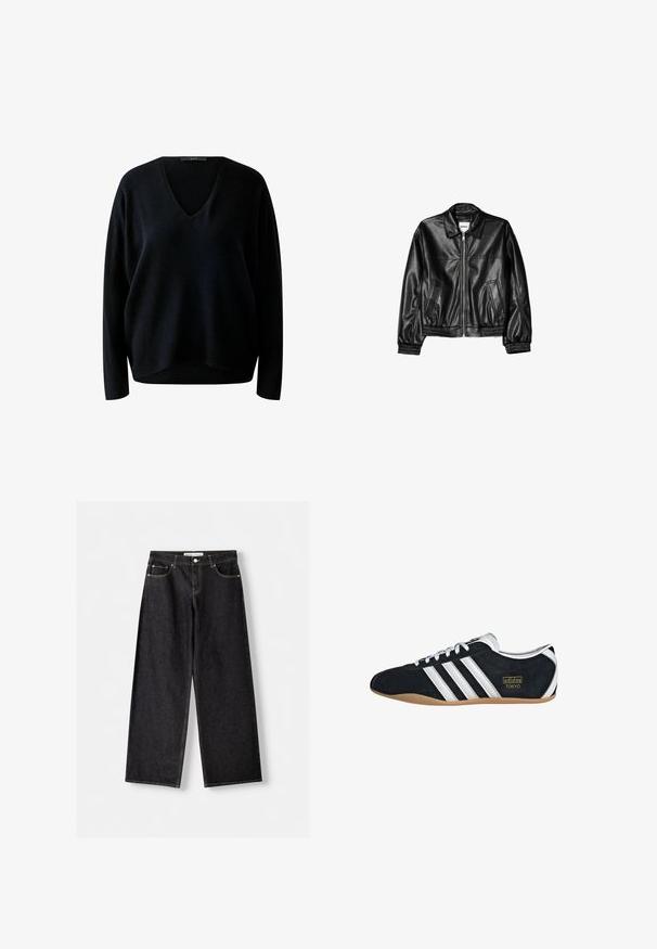 Veste en cuir noire avec fermeture éclair sur le devant, col pointu et poignets élastiques. Dispose de deux poches latérales et d'une finition lisse et brillante.; Pull noir à col en v avec des manches longues, présentant une texture côtelée et une coupe décontractée. Le matériau semble doux et légèrement ample.; Jean noir à jambes larges avec poches avant et fermeture par bouton argenté, posé à plat sur un fond gris clair.; Sneakers en suede noir avec trois bandes blanches, logo doré et semelle en caoutchouc marron. Présente un design à lacets à profil bas.