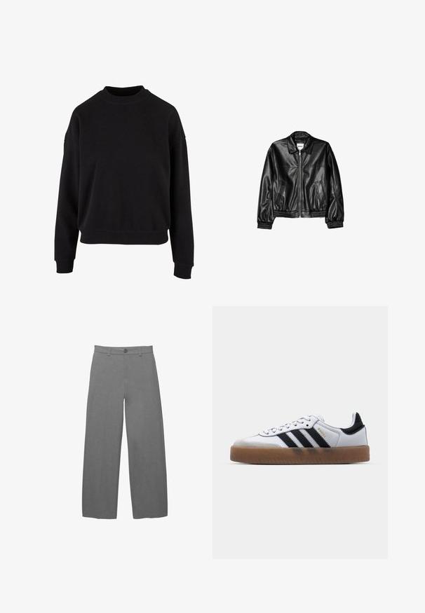 Schwarze Lederjacke mit Reißverschluss vorne, Punktkragen und elastischen Bündchen. Verfügt über zwei seitliche Taschen und eine glatte, glänzende Oberfläche.; Schwarzer Sweatshirt aus weicher Baumwolle mit Rundhalsausschnitt, überschnittenen Schultern und gerippten Bündchen in entspannter Passform.; Hellgraue Hosen mit weitem Bein aus einem glatten, strukturierten Stoff, mit einer vorderen Knopfverschlussleiste und Gürtelschlaufen an der Taille.; Weiße Leder Sneakers mit schwarzen Streifen, Gummigummi-Außensohle, runder Zehenform, Schnürverschluss und weichem grauem Wildleder-Zehenkappe.