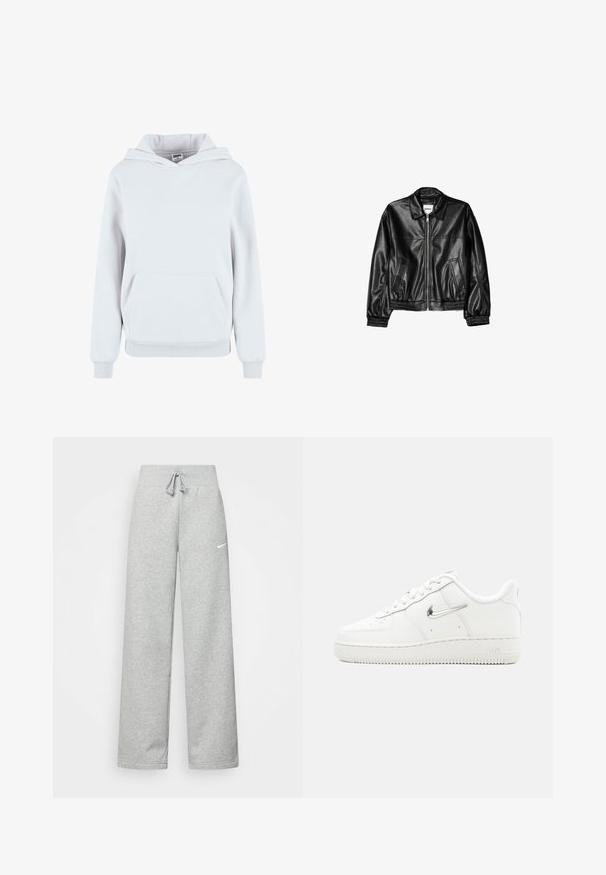 Schwarze Lederjacke mit Reißverschluss vorne, Punktkragen und elastischen Bündchen. Verfügt über zwei seitliche Taschen und eine glatte, glänzende Oberfläche.; Weißer Baumwollhoodie mit einer vorderen Kängurutasche, verstellbarem Kordelzughut, gerippten Bündchen und Saum; glatte Textur, lässiges Design.; Graue Jogginghose mit elastischem Bund, Kordelzug und kleinem weißen Nike-Logo am linken Oberschenkel. Weicher Stoff, locker sitzend.; Weißer Nike Air Force 1 Sneaker mit metallisch silbernem Swoosh-Logo, Schnürsenkeln vorne, gelochtem Zehenbereich und strukturiertem Gummisohle.