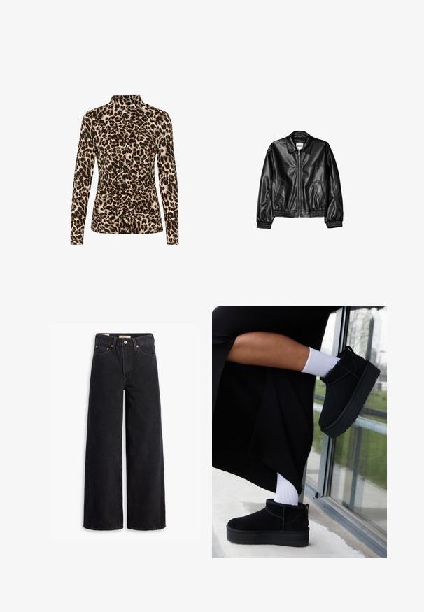 Sort læderjakke med lynlås foran, spids krave og elastiske ærmer. Har to sidelommer og en glat, blank overflade.; Langærmet top med høj krave, leopardprint i brune og beige nuancer, og med rynkedetaljer foran for formgivning.; Sorte brede benjeans lavet af denim, med fem lommer, kobbernitter og en klassisk knaplukning. Glat tekstur med et rent design.; Sorte suede ankelstøvler med flad sål, med en bageste træksløjfe, båret med hvide ankelstrømper mod en minimalistisk baggrund.