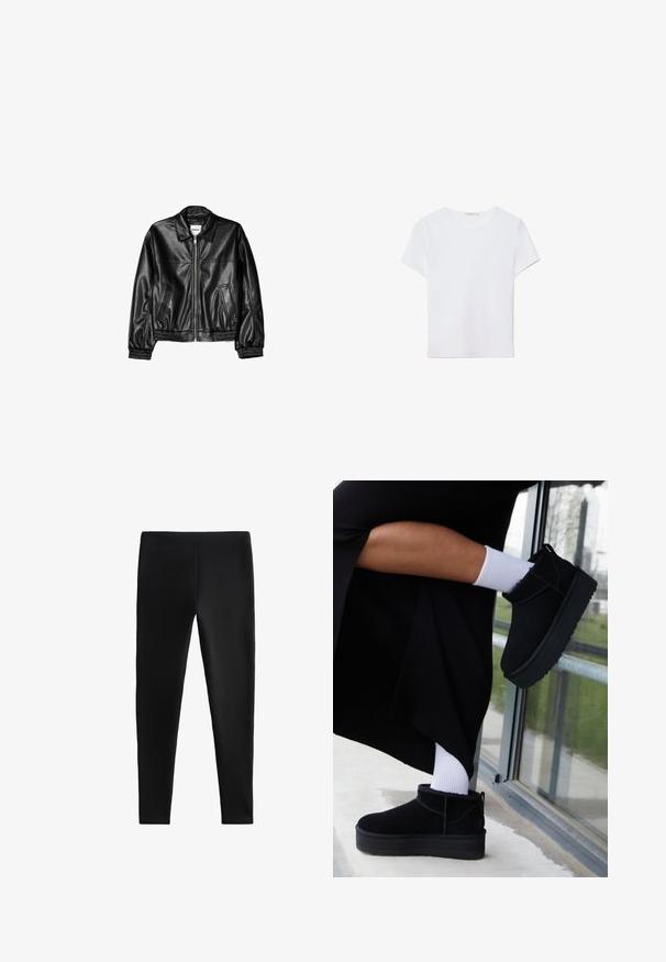 Schwarze Lederjacke mit Reißverschluss vorne, Punktkragen und elastischen Bündchen. Verfügt über zwei seitliche Taschen und eine glatte, glänzende Oberfläche.; Weißes kurzärmliges T-Shirt aus weichem Stoff. Hat einen runden Halsausschnitt und ein einfaches, sauberes Design mit geradem Saum.; Schwarze Leggings aus dehnbarem Material, mit einer körperbetonten Passform ohne sichtbare Nähte oder Taschen, geeignet für verschiedene Aktivitäten.; Schwarze Wildleder-Stiefeletten mit flacher Sohle, versehen mit einer Zuglasche hinten, getragen mit weißen Knöchel-Socken vor einem minimalistischem Hintergrund.