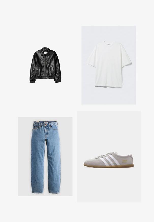 Zwarte leren jas met een ritssluiting aan de voorkant, puntkraag en elastische mouwen. Bevat twee zijzakken en heeft een gladde, glanzende afwerking.; Wit oversized katoenen T-shirt met korte mouwen, ronde hals en een klein merkembleem aan de binnenkant van de kraag.; Lichtblauwe denim jeans met een recht model, vijf zakken, een ritsluiting en een subtiele vervaagde textuur. Klassieke stijl met minimale hardware.; Grijze suede sneaker met witte leren strepen en gouden logo detail. Platte gum zool, ronde neus en klassiek vetersluitingssysteem.