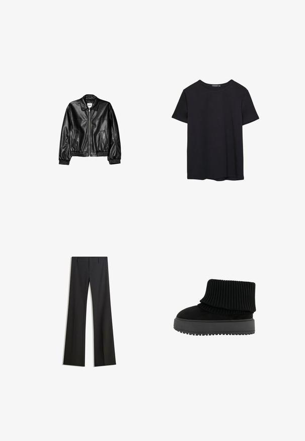 Schwarze Lederjacke mit Reißverschluss vorne, Punktkragen und elastischen Bündchen. Verfügt über zwei seitliche Taschen und eine glatte, glänzende Oberfläche.; Einfaches schwarzes T-Shirt aus Baumwolle mit kurzen Ärmeln und Rundhalsausschnitt, auf einem weißen Hintergrund dargestellt.; Schwarze, ausgestellte Hose mit glatter Textur, mit maßgeschneiderter Passform und Bund. Keine sichtbaren Muster oder Verzierungen.; Schwarze Knöchelstiefel mit einem gerippten Strickkragen und einer flachen, strukturierten Sohle. Hergestellt aus einer Kombination aus Wildleder und elastischen Materialien.