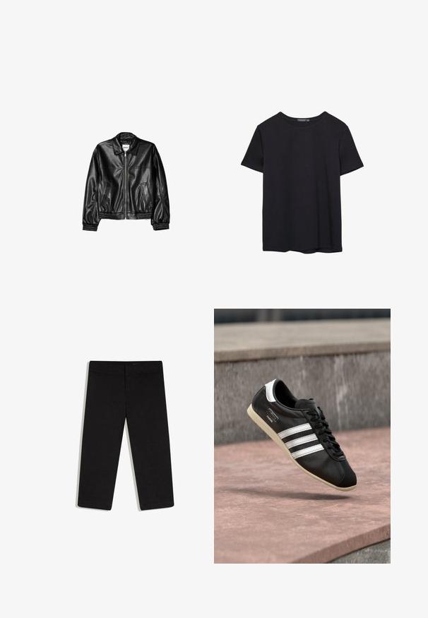 Veste en cuir noire avec fermeture éclair sur le devant, col pointu et poignets élastiques. Dispose de deux poches latérales et d'une finition lisse et brillante.; T-shirt en coton noir à manches courtes, col rond, présenté sur un fond blanc.; Pantalon noir court à jambes droites, taille plate avec ceinture, sans poches visibles, présenté sur fond blanc.; Baskets en cuir noir avec des rayures blanches et une semelle blanche, lacées, flottant au-dessus d'une surface en béton rosée avec un mur en pierre grise en arrière-plan.