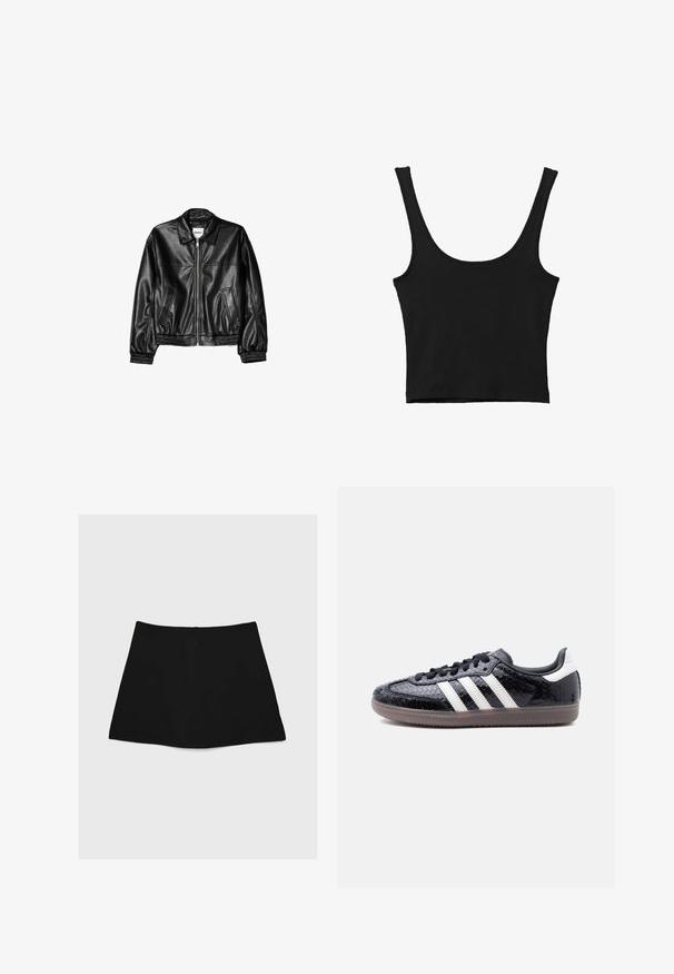 Veste en cuir noire avec fermeture éclair sur le devant, col pointu et poignets élastiques. Dispose de deux poches latérales et d'une finition lisse et brillante.; Débardeur noir court avec de larges bretelles, fabriqué à partir d'un matériau doux, présentant une texture lisse et un design minimaliste.; Jupe mini noire avec une texture lisse, en forme de A et à ourlet courbé. Elle possède une fermeture éclair au dos, sans motifs ni accents supplémentaires.; Baskets noires profilées avec motif en relief imitation peau de serpent, bandes blanches sur le côté, lacets noirs et semelle translucide marron.
