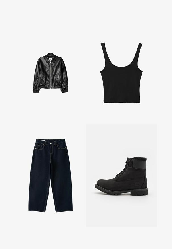 Zwarte leren jas met een ritssluiting aan de voorkant, puntkraag en elastische mouwen. Bevat twee zijzakken en heeft een gladde, glanzende afwerking.; Zwarte gemakkelijke crop top met brede schouderbanden, gemaakt van zachte stof, met een gladde textuur en een minimalistisch ontwerp.; Donkerblauwe jeans met wijde pijpen, hoge taille, knoop aan de voorkant, rits en vijf zakken met zichtbare stiksels.; Zwarte leren enkelaars met een ronde neus, vetersluiting aan de voorkant, neppelzen kraag en rubberen zool. Beschikt over een merklogo aan de zijkant.