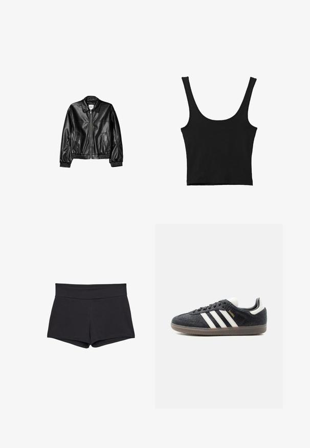 Sort læderjakke med lynlås foran, spids krave og elastiske ærmer. Har to sidelommer og en glat, blank overflade.; Sort cropped tank top med brede skulderstropper, lavet i blødt materiale, med en glat tekstur og et minimalistisk design.; Sorte, tætsiddende shorts med en bred linning, lavet af et blødt, strækbart stof. Kanten er glat uden synlige lukninger eller mønstre.; Sort Adidas Samba sneaker med hvide striber, gumisål og guldfarvet "Samba" tekst på siden, vist fra venstre profil på ensfarvet baggrund.