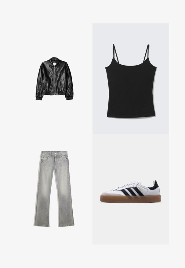 Zwarte leren jas met een ritssluiting aan de voorkant, puntkraag en elastische mouwen. Bevat twee zijzakken en heeft een gladde, glanzende afwerking.; Zwart, mouwloos, cropped tanktopje met dunne schouderbandjes en een rechte halslijn op een lichtgrijze achtergrond.; Grijze denim flared jeans met een vervaagde afwerking, voorzien van een knoopsluiting, vijf zakken en gestikte details langs de tailleband en zoom.; Witte leren sneakers met zwarte strepen, gumrubberen buitenzool, ronde neus, vetersluiting en een zachte grijze suède neuskap.