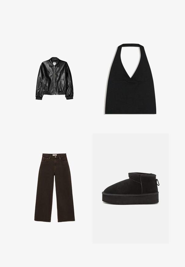 Sort læderjakke med lynlås foran, spids krave og elastiske ærmer. Har to sidelommer og en glat, blank overflade.; Sort halterneck crop top med dyb V-udskæring og bred nakkestrop mod en hvid baggrund.; Mørkebrune cowboybukser med brede ben, forrest med knap og lynlås, forlommer med nitter og bæltestropper, lagt fladt på en hvid baggrund.; Sorte ruskinds ankelstøvler med en rund tå, der har en forhøjet sål og en sidesløjfe for nem påtagning. Designet er enkelt med minimale detaljer.