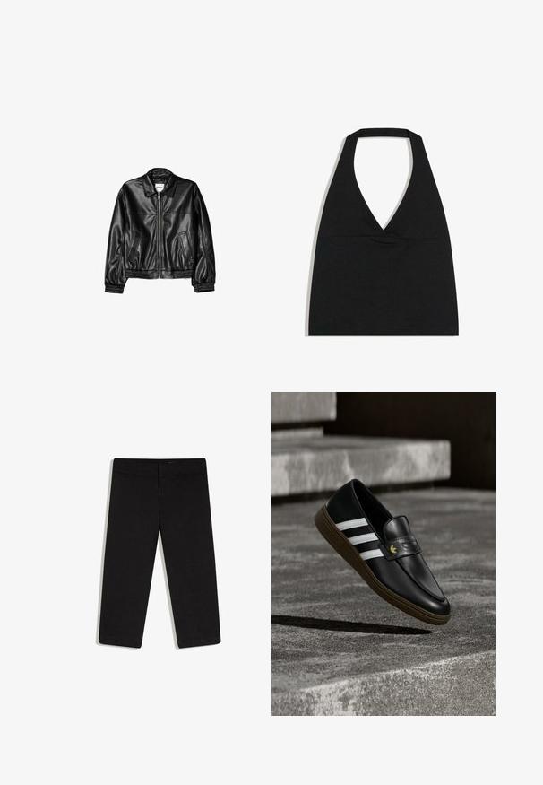 Veste en cuir noire avec fermeture éclair sur le devant, col pointu et poignets élastiques. Dispose de deux poches latérales et d'une finition lisse et brillante.; Haut court noir à col licou avec un profond décolleté en V et une large bretelle autour du cou sur fond blanc.; Pantalon noir court à jambes droites, taille plate avec ceinture, sans poches visibles, présenté sur fond blanc.; Mocassin en cuir noir avec des rayures blanches et une semelle marron, positionné au-dessus de marches en béton projetant une ombre au sol.