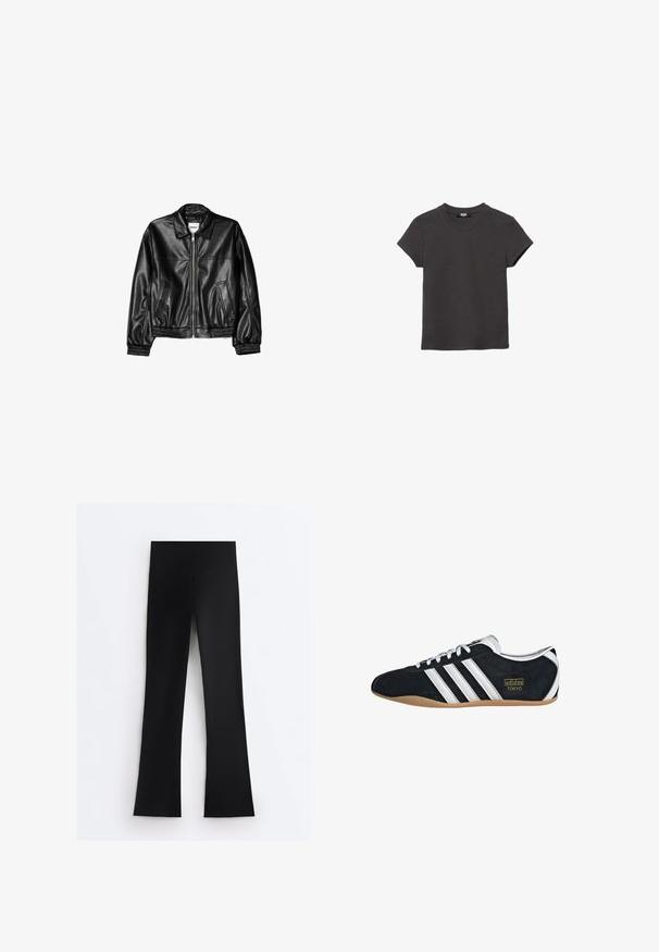Schwarze Lederjacke mit Reißverschluss vorne, Punktkragen und elastischen Bündchen. Verfügt über zwei seitliche Taschen und eine glatte, glänzende Oberfläche.; Kohlegraues, kurzärmeliges Baumwoll-T-Shirt mit Rundhalsausschnitt und geradem Saum, flach auf weißem Hintergrund liegend.; Schwarze Leggings mit hoher Taille und breitem Bund, geradem Beinanschnitt, flach auf weißem Hintergrund dargestellt.; Schwarze Wildledersneaker mit drei weißen Streifen, goldenem Logo und brauner Gummisohle. Merkmale ein niedrigprofiliertes Schnürdesign.