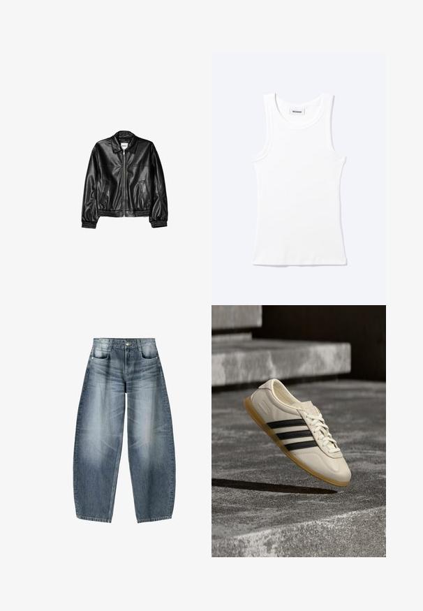 Veste en cuir noire avec fermeture éclair sur le devant, col pointu et poignets élastiques. Dispose de deux poches latérales et d'une finition lisse et brillante.; Débardeur blanc côtelé sans manches avec encolure ronde et une petite étiquette indiquant "WEEKDAY" à l'intérieur du col.; Jean large en denim bleu clair avec décoloration, présentant un design à cinq poches, un bouton de fermeture et des détails de couture minimaux.; Baskets blanches avec des bandes noires et une semelle en gomme flottant au-dessus d’escaliers en béton dans une lumière douce du jour.