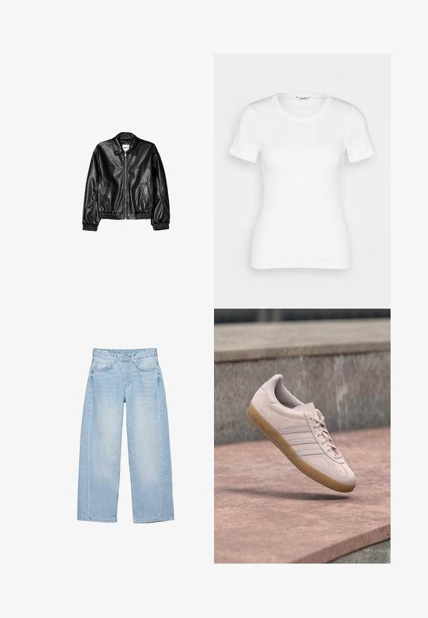 Veste en cuir noire avec fermeture éclair sur le devant, col pointu et poignets élastiques. Dispose de deux poches latérales et d'une finition lisse et brillante.; T-shirt en coton blanc avec des manches courtes, un col rond et une texture côtelée. Design ajusté avec une finition lisse et nette.; Jean large bleu clair avec bouton à l'avant, fermeture éclair, cinq poches, et détails légèrement délavés sur les cuisses.; Baskets en daim rose clair avec une semelle en caoutchouc gomme. Elles présentent trois bandes latérales et le marquage embossé « Gazelle » sur le côté extérieur.