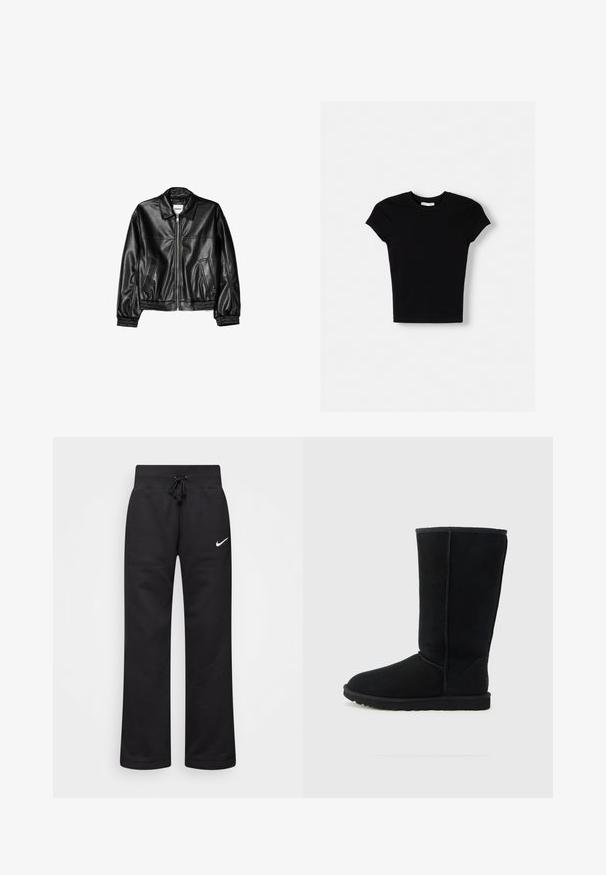 Sort læderjakke med lynlås foran, spids krave og elastiske ærmer. Har to sidelommer og en glat, blank overflade.; Sort kortærmet t-shirt lavet af bomuld. Tætsiddende design, rund hals og glat tekstur. Ingen mønstre eller ekstra hardware synligt.; Sorte sweatpants lavet af en bomuldsblanding, med en snøre i taljen, lige ben og et hvidt Nike-logo på venstre side.; Sort ruskind midt på læggen støvle med rundet tå, tekstureret overflade, synlige sømme og gummisål. Klassisk design uden pynt.