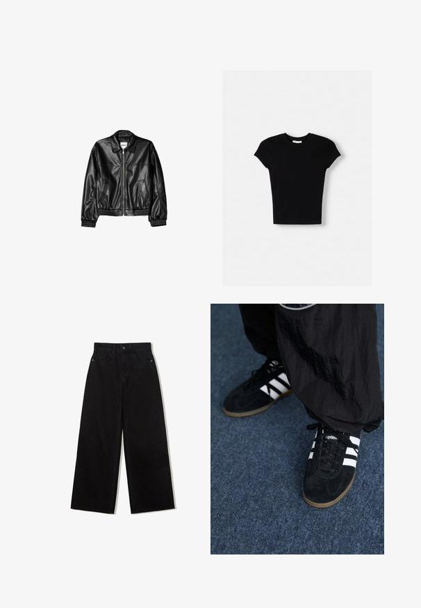 Schwarze Lederjacke mit Reißverschluss vorne, Punktkragen und elastischen Bündchen. Verfügt über zwei seitliche Taschen und eine glatte, glänzende Oberfläche.; Schwarzes kurzärmeliges T-Shirt aus Baumwolle. Schmal geschnittenes Design, runder Ausschnitt und glatte Textur. Keine sichtbaren Muster oder zusätzlichen Merkmale.; Schwarze, weit geschnittene Jeans aus Denim mit hoher Taille, die ein Fünf-Taschen-Design und einen einzelnen Knopfverschluss vorne aufweist.; Schwarze Wildleder-Sportschuhe mit drei weißen Streifen und schwarzen Schnürsenkeln. Eine strukturierte schwarze Hose ist teilweise neben den Schuhen sichtbar.