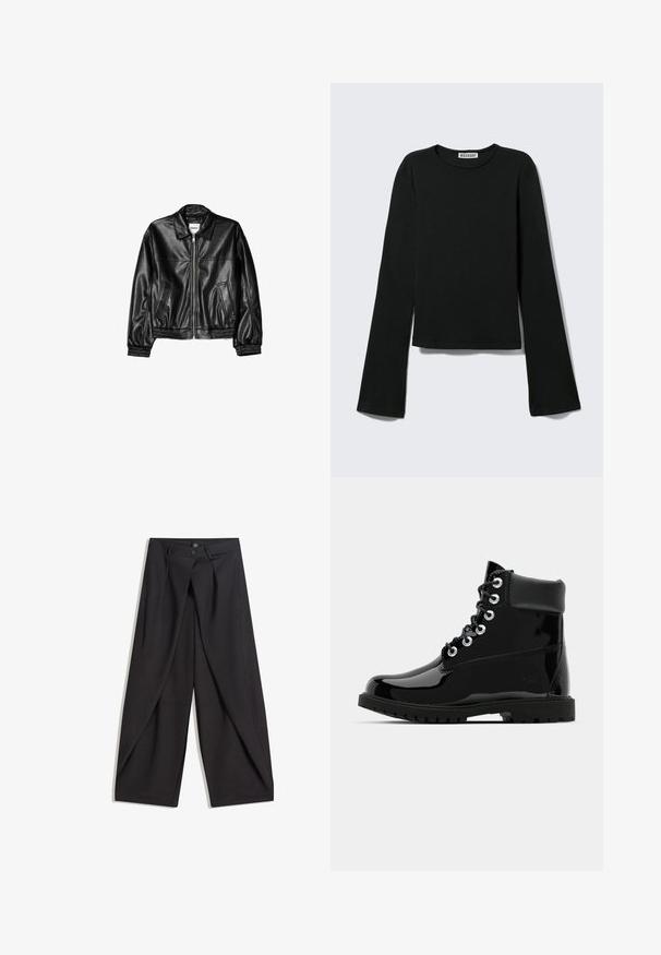 Veste en cuir noire avec fermeture éclair sur le devant, col pointu et poignets élastiques. Dispose de deux poches latérales et d'une finition lisse et brillante.; T-shirt noir à manches longues avec col rond, silhouette ajustée et manches légèrement évasées, étiqueté avec la marque "Weekday" au niveau de l'encolure.; Pantalon noir à jambes larges avec plis avant, deux boutons à la taille et poches latérales inclinées, présenté à plat sur fond blanc.; Bottes noires brillantes à la cheville avec une finition en cuir verni lisse, bout rond, laçage à six œillets et semelle en caoutchouc robuste.
