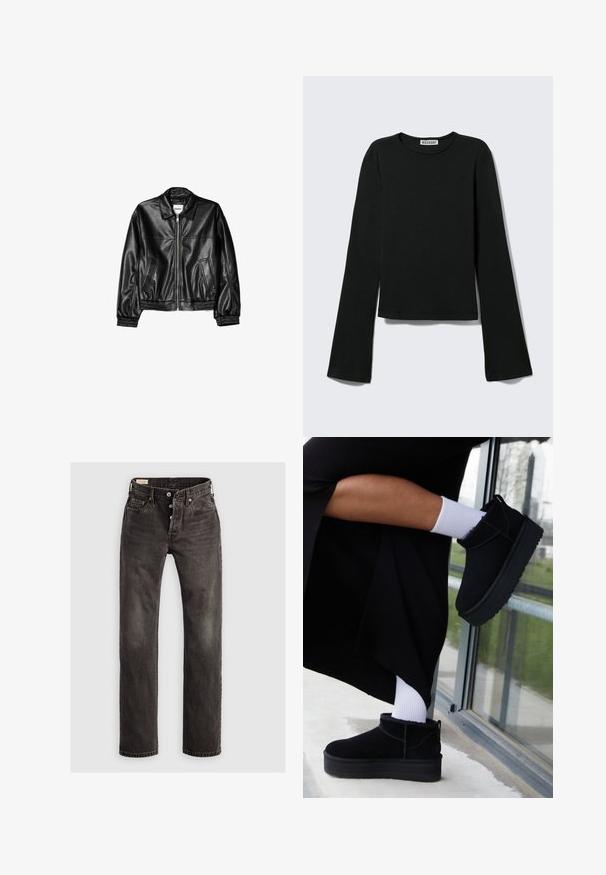 Schwarze Lederjacke mit Reißverschluss vorne, Punktkragen und elastischen Bündchen. Verfügt über zwei seitliche Taschen und eine glatte, glänzende Oberfläche.; Schwarzes Langarmshirt mit Rundhalsausschnitt, figurbetonter Silhouette und leicht ausgestellten Ärmeln, gekennzeichnet mit einem "Weekday" Markenetikett im Nacken.; Dunkelgraue gerade Jeans aus Denim, mit Knopfverschluss, Fünf-Taschen-Design und dezenten ausgewaschenen Details auf dem Stoff.; Schwarze Wildleder-Stiefeletten mit flacher Sohle, versehen mit einer Zuglasche hinten, getragen mit weißen Knöchel-Socken vor einem minimalistischem Hintergrund.