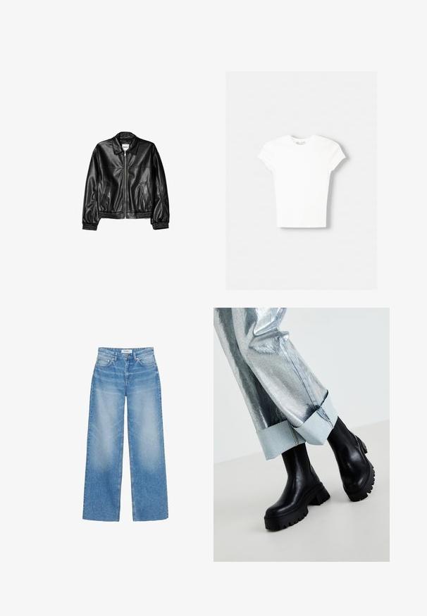 Schwarze Lederjacke mit Reißverschluss vorne, Punktkragen und elastischen Bündchen. Verfügt über zwei seitliche Taschen und eine glatte, glänzende Oberfläche.; Weißes kurzärmliges T-Shirt aus weicher Baumwolle, mit Rundhalsausschnitt und figurbetonter Form. Keine sichtbaren Muster oder Verzierungen.; Hellblaue Jeans mit weitem Bein aus Denim, ausgestattet mit hoher Taille, dezentem Farbverlauf und klassischem Fünf-Taschen-Design mit Kupferakzenten.; Schwarze klobige Knöchelstiefel mit strukturierten Sohlen, getragen mit silbernen metallischen Hosen, die einen hellen Denim-Bund umfassen. Minimalistisches Design, elegante Materialien.