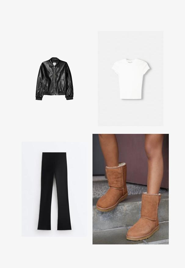 Schwarze Lederjacke mit Reißverschluss vorne, Punktkragen und elastischen Bündchen. Verfügt über zwei seitliche Taschen und eine glatte, glänzende Oberfläche.; Weißes kurzärmliges T-Shirt aus weicher Baumwolle, mit Rundhalsausschnitt und figurbetonter Form. Keine sichtbaren Muster oder Verzierungen.; Schwarze Leggings mit hoher Taille und breitem Bund, geradem Beinanschnitt, flach auf weißem Hintergrund dargestellt.; Braune Wildleder-Stiefeletten mit runder Spitze, weicher Innenausstattung und Gummisohle, die über sichtbare Nähte entlang der Nähte verfügen.
