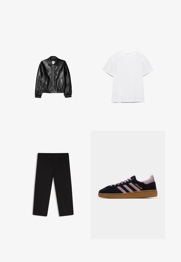 Veste en cuir noire avec fermeture éclair sur le devant, col pointu et poignets élastiques. Dispose de deux poches latérales et d'une finition lisse et brillante.; T-shirt blanc uni à manches courtes et col rond, avec un ourlet droit, présenté sur un fond blanc.; Pantalon noir court à jambes droites, taille plate avec ceinture, sans poches visibles, présenté sur fond blanc.; Baskets en suède noir et rose avec semelle en caoutchouc, trois rayures roses, marquage doré "SPEZIAL" et semelle en gomme texturée. Design basse.