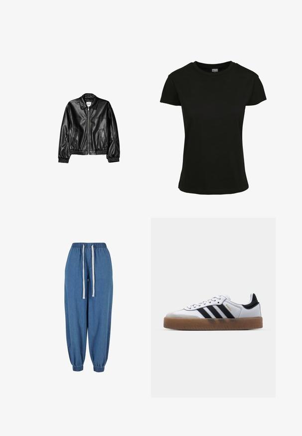 Veste en cuir noire avec fermeture éclair sur le devant, col pointu et poignets élastiques. Dispose de deux poches latérales et d'une finition lisse et brillante.; T-shirt noir à manches courtes en coton. Présente un col rond et une coupe standard avec une texture lisse. Pas de motifs ni d'accents visibles.; Pantalon de jogging en denim bleu avec taille élastique et poignets, avec des cordons blancs à la taille.; Baskets en cuir blanc avec des rayures noires, semelle extérieure en caoutchouc beige, bout rond, fermeture lacée et embout en suède gris doux.