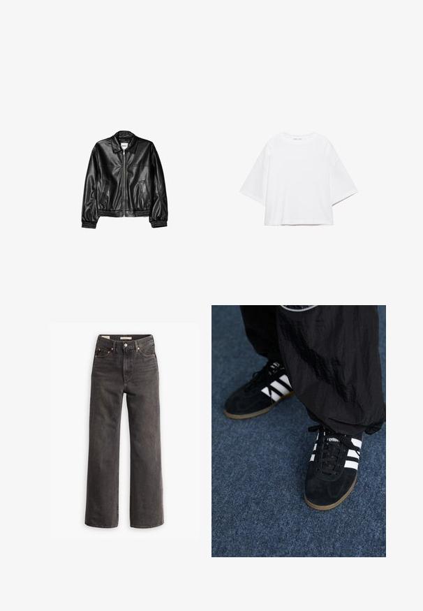 Veste en cuir noire avec fermeture éclair sur le devant, col pointu et poignets élastiques. Dispose de deux poches latérales et d'une finition lisse et brillante.; T-shirt blanc à manches courtes, coupe carrée, en coton doux. Présente un col rond et des manches larges, avec un design épuré et simple.; Jeans taille haute et coupe large en denim gris foncé, avec des poches avant, des rivets en cuivre contrastants et une finition épurée sans embellissements.; Des chaussures de sport en suède noir avec trois rayures blanches et des lacets noirs. Un pantalon noir texturé est partiellement visible à côté des chaussures.