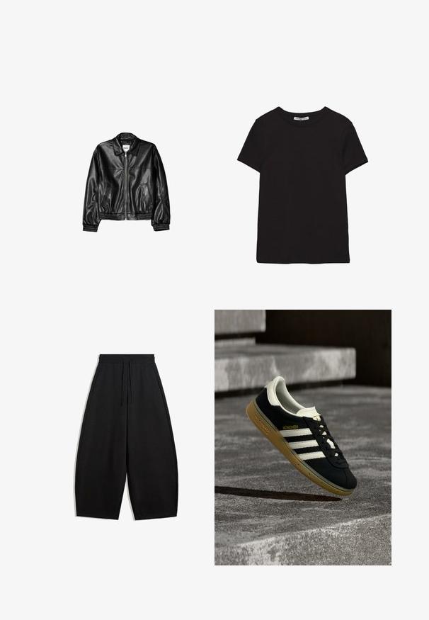 Sort læderjakke med lynlås foran, spids krave og elastiske ærmer. Har to sidelommer og en glat, blank overflade.; Sort kortærmet t-shirt i bomuld med rund halsudskæring, standard pasform og synlig indvendig halsmærkat.; Løse sorte brede bukser med elastisk talje og snor, med sidelommer, præsenteret på en hvid baggrund.; Sort Adidas München-sneaker med hvide striber og gummisål svævende over ribbet betontrappe.