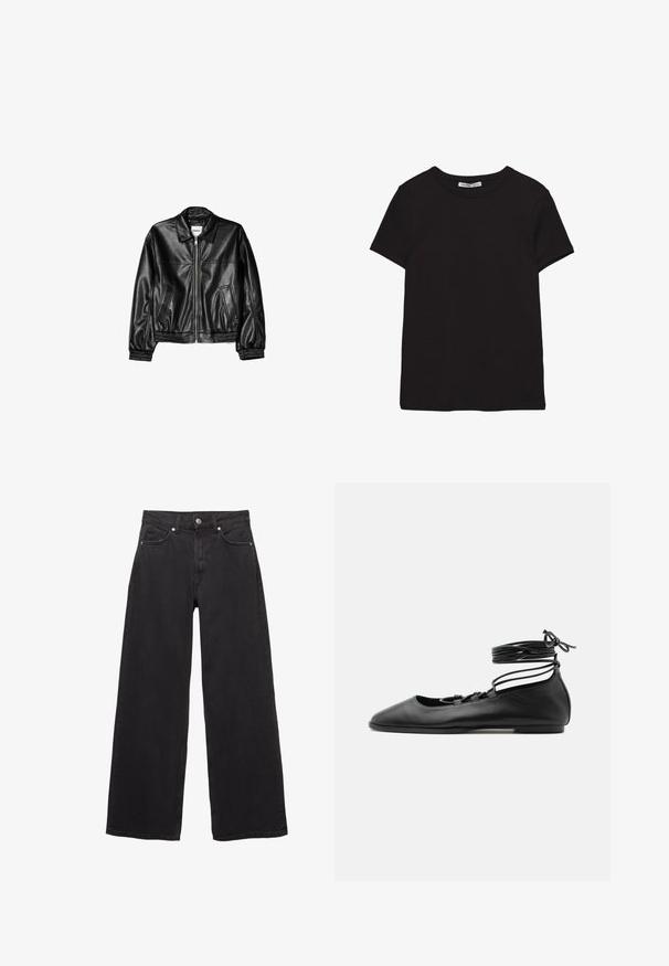 Zwarte leren jas met een ritssluiting aan de voorkant, puntkraag en elastische mouwen. Bevat twee zijzakken en heeft een gladde, glanzende afwerking.; Zwart katoenen T-shirt met korte mouwen, ronde hals, standaard pasvorm en zichtbaar binnenlabel in de nek.; Zwarte wijde jeans van denim, met een hoge taille, vijf zakken en een knoopsluiting met subtiele stikseldetails.; Zwarte leren platte ballerinaschoen met een puntige neus, meerdere dunne bandjes over de bovenkant en veterstrikjes die rond de enkel zijn gewikkeld.