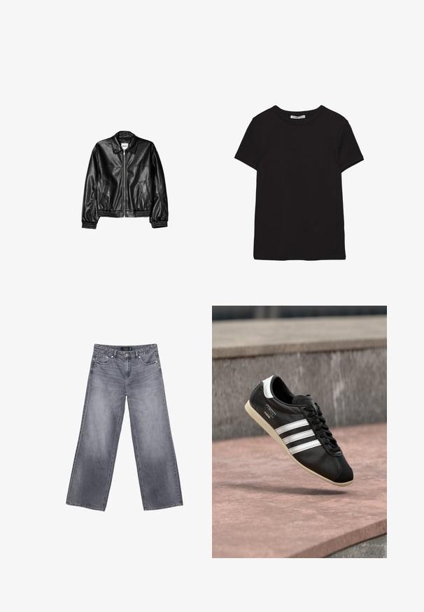 Veste en cuir noire avec fermeture éclair sur le devant, col pointu et poignets élastiques. Dispose de deux poches latérales et d'une finition lisse et brillante.; T-shirt noir en coton à manches courtes avec encolure ronde, coupe standard et étiquette intérieure visible au niveau du col.; Un jean en denim gris à jambes larges avec une finition décolorée, une fermeture à bouton et un design à cinq poches. Il présente des coutures à double surpiqûre et des accessoires en métal argenté.; Baskets en cuir noir avec des rayures blanches et une semelle blanche, lacées, flottant au-dessus d'une surface en béton rosée avec un mur en pierre grise en arrière-plan.