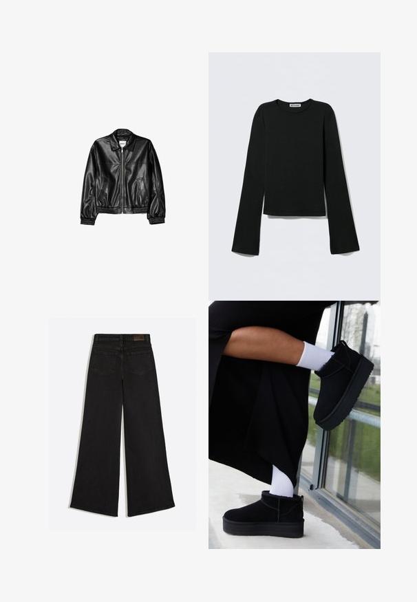 Sort læderjakke med lynlås foran, spids krave og elastiske ærmer. Har to sidelommer og en glat, blank overflade.; Sort langærmet top lavet af blødt stof. Har rund halsudskæring og flared ærmer med cropped kant. Labelen siger "WEEKDAY."; Sort vidde jeans med baglommer og bæltestropper på linningen, set bagfra.; Sorte suede ankelstøvler med flad sål, med en bageste træksløjfe, båret med hvide ankelstrømper mod en minimalistisk baggrund.