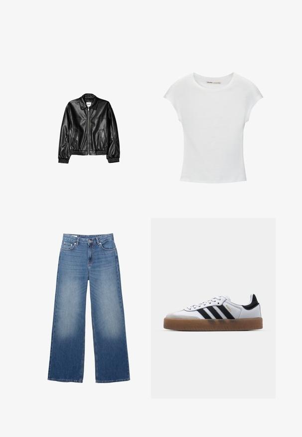 Zwarte leren jas met een ritssluiting aan de voorkant, puntkraag en elastische mouwen. Bevat twee zijzakken en heeft een gladde, glanzende afwerking.; Witte katoenen T-shirt met korte, opgerolde mouwen, een ronde halslijn en een rechte zoom. Gladde textuur zonder zichtbare patronen of accenten.; Blauwe denim wijde broek met voorste knoop en ritssluiting, voorzien van voor- en achterzakken en lichte slijtage op de dijen.; Witte leren sneakers met zwarte strepen, gumrubberen buitenzool, ronde neus, vetersluiting en een zachte grijze suède neuskap.