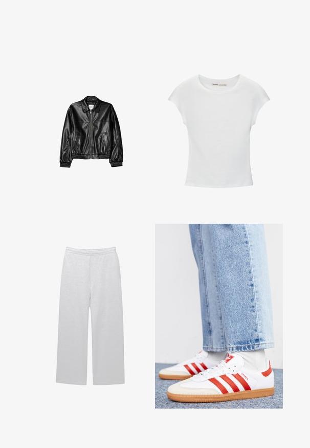 Veste en cuir noire avec fermeture éclair sur le devant, col pointu et poignets élastiques. Dispose de deux poches latérales et d'une finition lisse et brillante.; T-shirt en coton blanc avec manches courtes retroussées, encolure ronde et ourlet droit. Texture lisse sans motifs ni accents visibles.; Pantalons blancs à jambes larges en tissu doux avec une taille élastique et deux poches latérales ; texture lisse et détails minimaux.; Baskets en cuir blanc avec des rayures et des accents rouges. Dotées d'une semelle extérieure en gomme texturée et d'un col rembourré. Portées avec un jean en denim bleu clair.