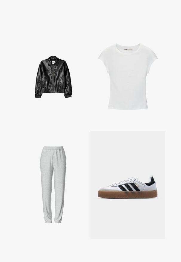 Veste en cuir noire avec fermeture éclair sur le devant, col pointu et poignets élastiques. Dispose de deux poches latérales et d'une finition lisse et brillante.; T-shirt en coton blanc avec manches courtes retroussées, encolure ronde et ourlet droit. Texture lisse sans motifs ni accents visibles.; Pantalon de survêtement gris avec une taille élastique, design de jambes fuselées, texture douce et sans motifs ni détails matériels visibles.; Baskets en cuir blanc avec des rayures noires, semelle extérieure en caoutchouc beige, bout rond, fermeture lacée et embout en suède gris doux.
