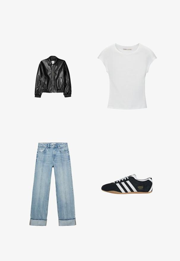 Zwarte leren jas met een ritssluiting aan de voorkant, puntkraag en elastische mouwen. Bevat twee zijzakken en heeft een gladde, glanzende afwerking.; Witte katoenen T-shirt met korte, opgerolde mouwen, een ronde halslijn en een rechte zoom. Gladde textuur zonder zichtbare patronen of accenten.; Lichtblauwe denim wijde jeans met een hoge taille, voorzien van vijf zakken, zichtbare stiksels en opgerolde zomen bij de manchetten.; Zwarte suède sneaker met witte drie strepen, gouden logo en een bruine rubberen zool. Heeft een laag profiel vetersluiting ontwerp.