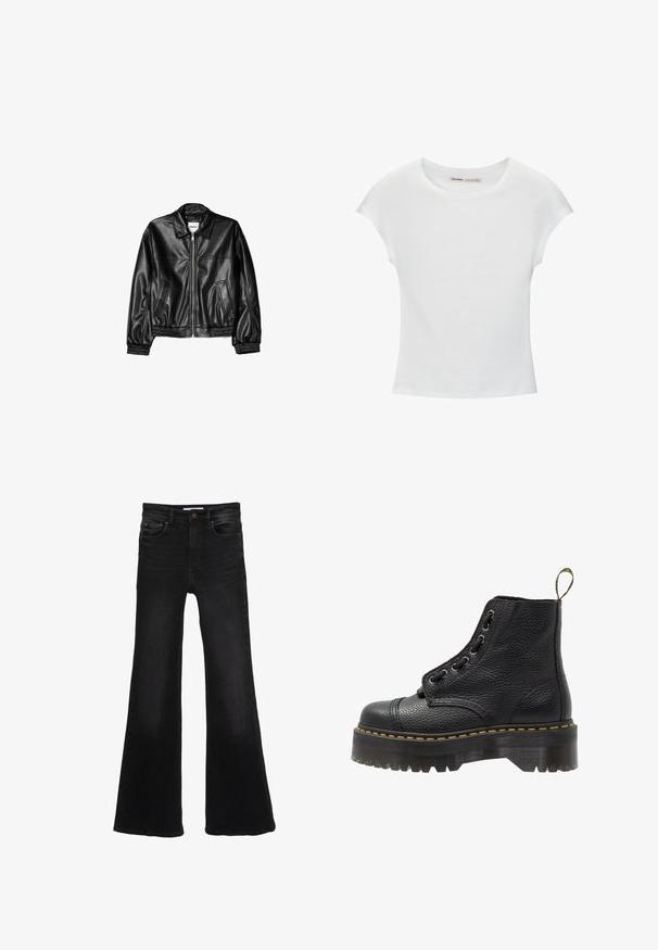 Veste en cuir noire avec fermeture éclair sur le devant, col pointu et poignets élastiques. Dispose de deux poches latérales et d'une finition lisse et brillante.; T-shirt en coton blanc avec manches courtes retroussées, encolure ronde et ourlet droit. Texture lisse sans motifs ni accents visibles.; Jean en denim noir taille haute avec jambes évasées larges, bouton à l'avant, fermeture éclair, et style cinq poches.; Bottines en cuir noir avec surface texturée, bout arrondi, lacets, coutures jaunes et une épaisse semelle noire crantée.
