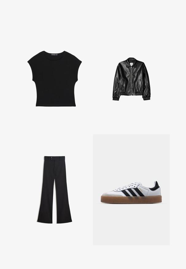 Veste en cuir noire avec fermeture éclair sur le devant, col pointu et poignets élastiques. Dispose de deux poches latérales et d'une finition lisse et brillante.; Haut court noir à manches courtes avec encolure ronde et taille légèrement cintrée, fabriqué en tissu doux et léger.; Pantalon noir taille haute à jambes larges avec une taille à double bouton et une fermeture éclair frontale, présenté à plat sur un fond blanc.; Baskets en cuir blanc avec des rayures noires, semelle extérieure en caoutchouc beige, bout rond, fermeture lacée et embout en suède gris doux.