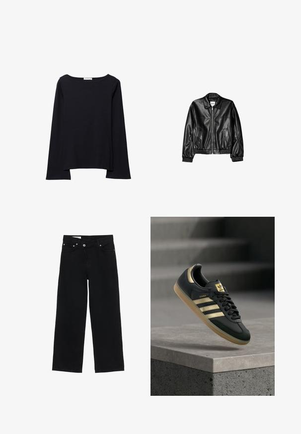 Veste en cuir noire avec fermeture éclair sur le devant, col pointu et poignets élastiques. Dispose de deux poches latérales et d'une finition lisse et brillante.; Haut noir à manches longues avec un large col rond, coupe décontractée et texture douce. Comprend un ourlet arrière légèrement plus long et sans ornements supplémentaires.; Jean noir à taille haute et jambes larges, avec fermeture à boutons et fermeture éclair à l'avant, passants pour ceinture et cinq poches, sur fond blanc.; Baskets Adidas Samba noires avec des bandes dorées et une semelle en gomme, flottant au-dessus d'une surface en béton avec des escaliers flous en arrière-plan.