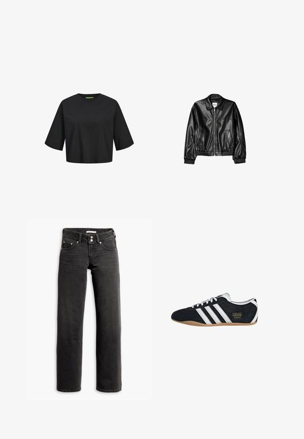 Schwarze Lederjacke mit Reißverschluss vorne, Punktkragen und elastischen Bündchen. Verfügt über zwei seitliche Taschen und eine glatte, glänzende Oberfläche.; Schwarzes Baumwoll-Crop-Top mit rundem Ausschnitt, kurzen Ärmeln und einem grünen Etikett-Detail am Ausschnitt. Glatte, weiche Textur.; Schwarze gerade Jeans mit Front- und Gesäßtaschen, Gürtelschlaufen und Doppelknopfverschluss an der Taille.; Schwarze Wildledersneaker mit drei weißen Streifen, goldenem Logo und brauner Gummisohle. Merkmale ein niedrigprofiliertes Schnürdesign.