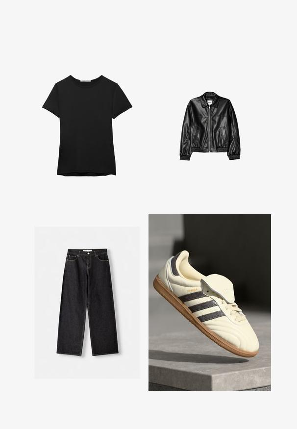 Sort læderjakke med lynlås foran, spids krave og elastiske ærmer. Har to sidelommer og en glat, blank overflade.; Sort kortærmet t-shirt lavet af glat stof. Har en rund halsudskæring og en afslappet pasform med en lige kant.; Sorte vidde bukser i denim med forlommer og sølvfarvet knaplukning, lagt fladt på en lysegrå baggrund.; Cremefarvede lædersneakers med tre mørke striber, en brun gummisål og en afrundet tå. Har en foldbar tunge mærket "SAMBA."
