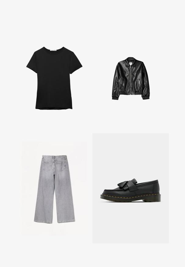 Schwarze Lederjacke mit Reißverschluss vorne, Punktkragen und elastischen Bündchen. Verfügt über zwei seitliche Taschen und eine glatte, glänzende Oberfläche.; Schwarzes kurzärmliges T-Shirt aus glattem Stoff. Mit Rundhalsausschnitt und einer lockeren Passform sowie einem geraden Saum.; Graue weite Jeans mit hoher Taille, ausgestattet mit einer glatten Textur, zwei Gesäßtaschen und dezenten Nähten.; Schwarze Lederloafers mit runder Zehenpartie, ausgestattet mit einer fransigen Detail und einem dekorativen Band, das über die Vorderseite verläuft, auf einem stabilen Absatz.