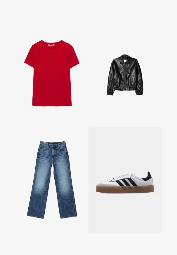 Veste en cuir noire avec fermeture éclair sur le devant, col pointu et poignets élastiques. Dispose de deux poches latérales et d'une finition lisse et brillante.; T-shirt rouge à manches courtes et col rond, design uni, étiquette au niveau du col, présenté à plat sur fond blanc.; Jean denim bleu à jambes larges avec poches avant et poche monnaie, fermeture à boutons, et lavage délavé sur les cuisses et les genoux.; Baskets en cuir blanc avec des rayures noires, semelle extérieure en caoutchouc beige, bout rond, fermeture lacée et embout en suède gris doux.