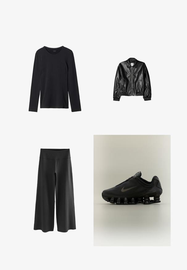 Veste en cuir noire avec fermeture éclair sur le devant, col pointu et poignets élastiques. Dispose de deux poches latérales et d'une finition lisse et brillante.; T-shirt noir à manches longues en tissu doux, avec un col rond, un design simple et sans motifs ni embellissements visibles.; Pantalons de sport large en noir avec une taille haute, fabriqués en tissu lisse et extensible. Sans motifs ni éléments en métal visibles.; Baskets Nike noires avec tige zippée et semelle segmentée distinctive en forme de ressort, présentées de profil sur un fond neutre.