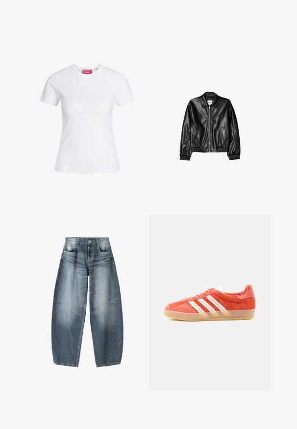 Zwarte leren jas met een ritssluiting aan de voorkant, puntkraag en elastische mouwen. Bevat twee zijzakken en heeft een gladde, glanzende afwerking.; Witte, nauwsluitende T-shirt met korte mouwen en ronde hals, met een roze JJXX-label aan de binnenkant van de kraag, afgebeeld tegen een effen achtergrond.; Wijd gesneden jeans van lichtblauwe denim met vervaging, met een vijf-pocket ontwerp, knoopsluiting en minimale stikdetails.; Oranje Adidas Gazelle sneaker met witte strepen en gumzool, zijaanzicht op effen lichte achtergrond.