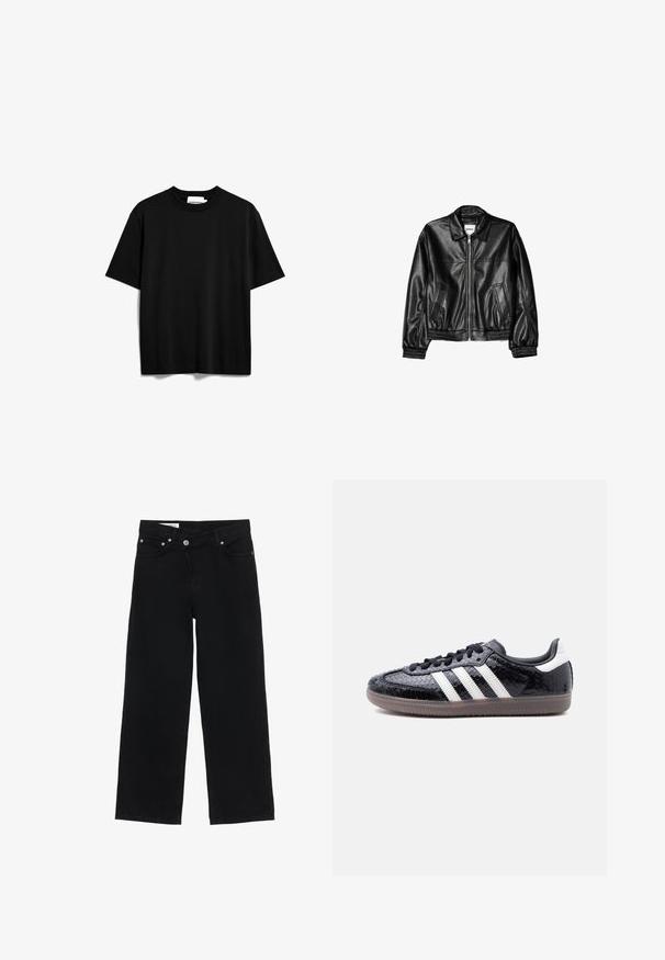 Schwarze Lederjacke mit Reißverschluss vorne, Punktkragen und elastischen Bündchen. Verfügt über zwei seitliche Taschen und eine glatte, glänzende Oberfläche.; Schwarz, kurzes T-Shirt aus Baumwolle. Verfügt über einen Rundhalsausschnitt und eine lockere Passform mit einer glatten, matten Textur. Keine sichtbaren Muster oder Logos.; Schwarze High-Waist-Weitbein-Jeans mit vorderem Knopf- und Reißverschluss, Gürtelschlaufen und fünf Taschen vor weißem Hintergrund.; Schwarzer Sneaker mit flachem Profil und texturiertem Schlangenledermuster, weißen Streifen an der Seite, schwarzen Schnürsenkeln und einer durchscheinend braunen Sohle.