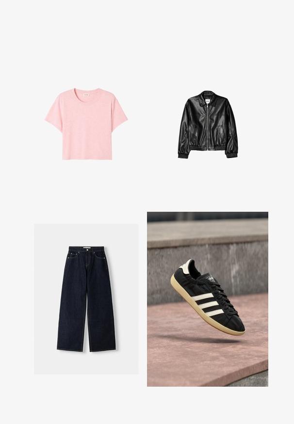 Zwarte leren jas met een ritssluiting aan de voorkant, puntkraag en elastische mouwen. Bevat twee zijzakken en heeft een gladde, glanzende afwerking.; Roze T-shirt met korte mouwen van zacht materiaal, met een ronde halslijn en een losse fit met een subtiele gemêleerde textuur.; Donkerblauwe denim wijduitlopende jeans met een hoge taille, vijf zakken, contrasterende stiksels en zilveren metalen hardware. Gladde textuur en een nette afwerking.; Zwarte Adidas sneaker met witte strepen en beige zool, vastgelegd in de lucht boven een stenen oppervlak en een stenen muur op de achtergrond.