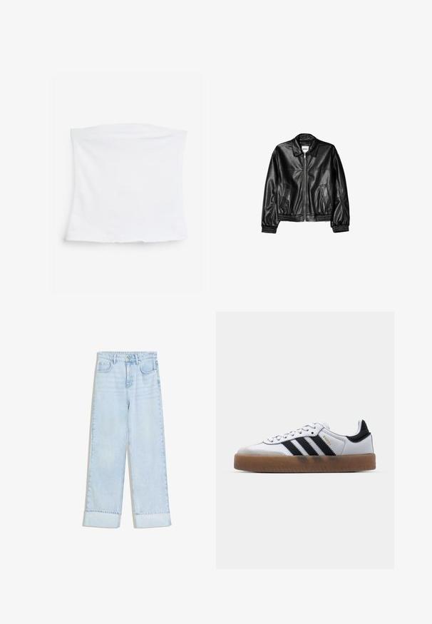 Veste en cuir noire avec fermeture éclair sur le devant, col pointu et poignets élastiques. Dispose de deux poches latérales et d'une finition lisse et brillante.; Haut tube blanc extensible en tissu de coton doux. Design simple avec une coupe droite et une texture lisse, sans motifs ni accents visibles.; Jean en denim bleu clair avec une taille haute, une coupe à jambes larges, des revers roulés et deux poches avant. Le tissu présente une texture légèrement délavée.; Baskets en cuir blanc avec des rayures noires, semelle extérieure en caoutchouc beige, bout rond, fermeture lacée et embout en suède gris doux.