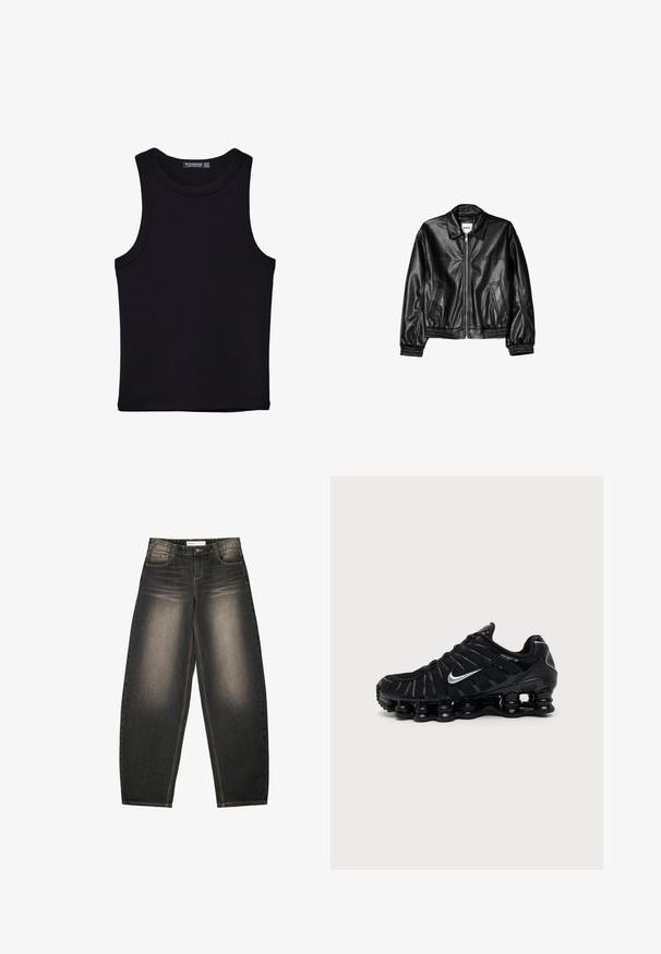 Veste en cuir noire avec fermeture éclair sur le devant, col pointu et poignets élastiques. Dispose de deux poches latérales et d'une finition lisse et brillante.; Débardeur noir en coton, avec un col rond et des emmanchures larges. Texture lisse avec des ourlets cousus. Design classique et minimaliste.; Jeans en denim gris à jambes larges avec un léger délavage, cinq poches, des coutures en contraste et une coupe décontractée. Pas de motifs ou d'embellissements visibles.; Chaussure de sport Nike noire avec logo Swoosh argenté, tige en mesh et synthétique, et semelle coussinée segmentée distinctive.