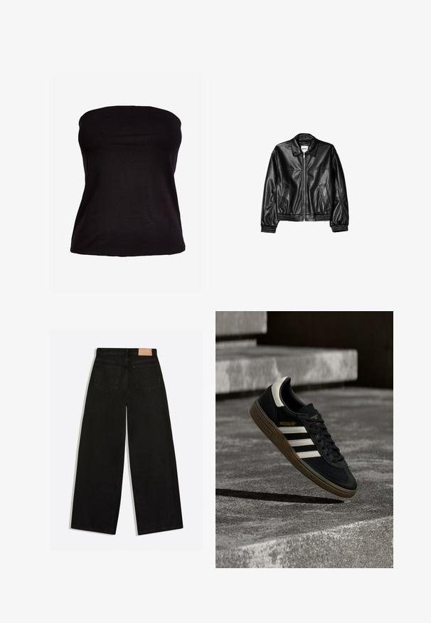 Veste en cuir noire avec fermeture éclair sur le devant, col pointu et poignets élastiques. Dispose de deux poches latérales et d'une finition lisse et brillante.; Haut noir sans bretelles en tissu extensible. Texture lisse avec une silhouette ajustée, sans coutures visibles ni ornements.; Jean noir à jambes larges vu de dos, avec deux poches arrière et un patch de marque en cuir marron à la ceinture.; Baskets Adidas noires avec des bandes blanches et une semelle en gomme flottant au-dessus d'escaliers en béton gris sous une lumière naturelle.