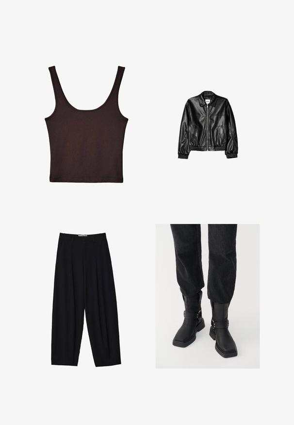 Veste en cuir noire avec fermeture éclair sur le devant, col pointu et poignets élastiques. Dispose de deux poches latérales et d'une finition lisse et brillante.; Débardeur côtelé marron foncé avec de larges bretelles et une coupe ajustée. Le tissu est doux avec une texture lisse et une longueur cropped.; Pantalons larges noirs en tissu léger, avec des plis avant, une taille classique et des poches latérales. Texture douce.; Bottes noires en cuir jusqu'à la cheville avec un bout carré, dotées d'une large sangle et d'un détail de boucle en métal. Les bottes ont une semelle épaisse et une texture lisse.
