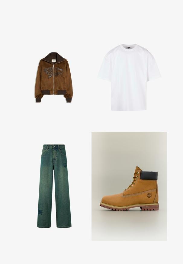 Veste marron zippée avec col montant, poignets et bas côtelés, et texte "Kind Letters Only" sur le devant.; T-shirt blanc à manches courtes avec un col rond, en coton, présentant une coupe décontractée et des détails de couture minimaux.; Jeans à jambe large en denim bleu foncé avec une légère texture décolorée. Comprend des poches arrière et un détail logo décoratif.; Bottine en cuir marron avec col noir, lacets jaunes et semelle beige. Présente un logo et des détails de couture blanche. Semelle extérieure à traction robuste.